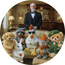 Kuscheltiergruppe mit Butler im Hintergrund