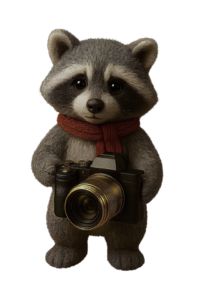 Waschbär mit Kamera in der Hand