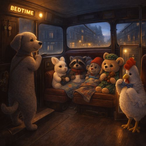 Tiere im Bus, bereit für Schlafenszeit.