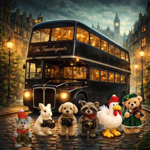 Stofftiere vor einem englischen Doppeldeckerbus