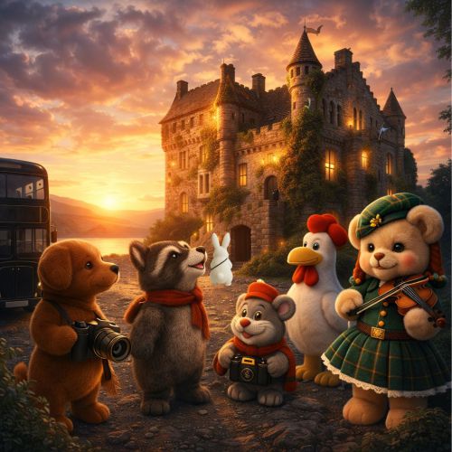 Stofftierfiguren vor einem Schloss