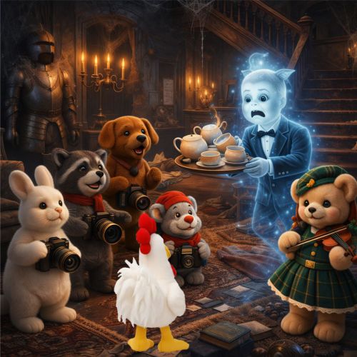 6 Stofftiere und Buttler als Geister in einem Raum.