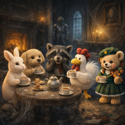 Stofftiere bei einer Teeparty in einem schottischen Landsitz Raum