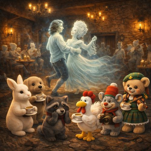 Tanzendes Geister Paar und tierische Gäste.