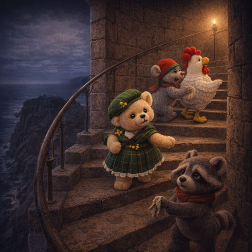 Kuscheltier-Figuren auf einer Treppe im Leuchtturm