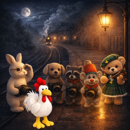 Kameratragende Stofftiere auf einem alten englischen Bahnhof