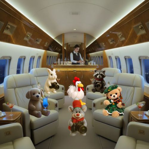 Stofftiere in einem Flugzeuginterieur