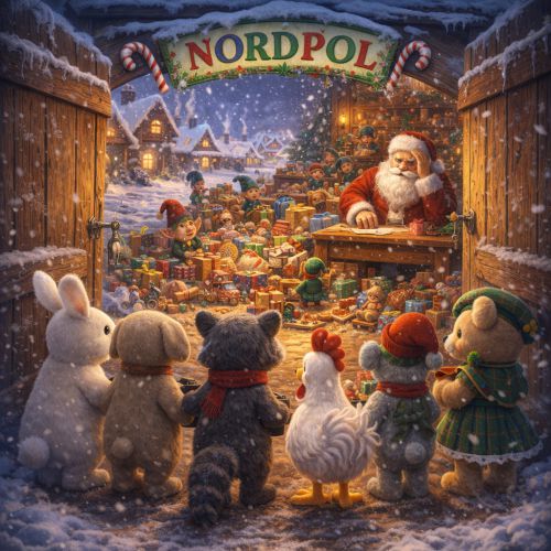 Weihnachtliche Szene mit Stofftieren die Vielfliegerbande am Nordpol