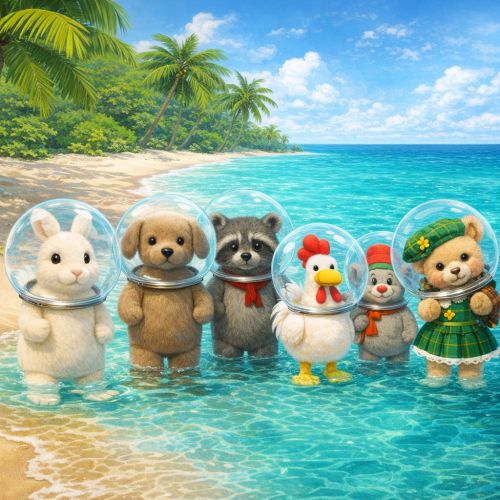 Die Vielfliegerbande in Taucheranzügen am Strand