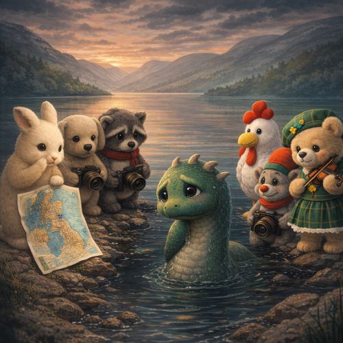 Die Vielfliegerbande treffen das traurige Nessi am Loch Ness.