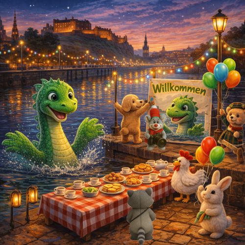 Nessi begrüßt die Vielfliegerbande am Fluss in Edinburgh.