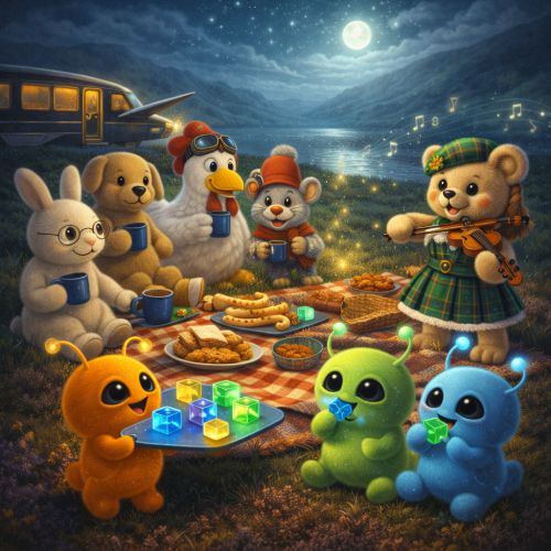 Tierische Freunde beim Picknick im Mondschein