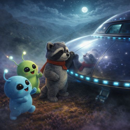 Süße Aliens und ein Waschbär der ein Ufo poliert