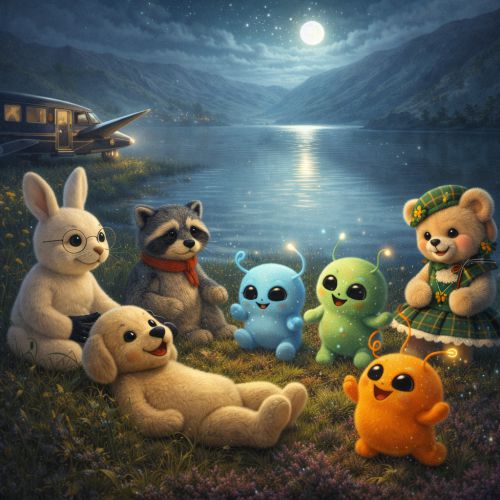 Süße Stofftiere und Außerirdische am See bei Nacht.