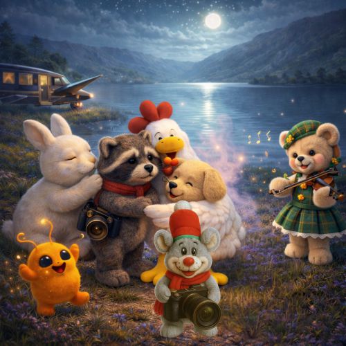 Stofftierierfreunde am See mit Kameras