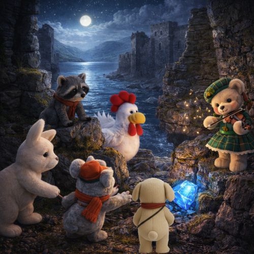 Stofftierfiguren entdecken einen magischen Kristall.