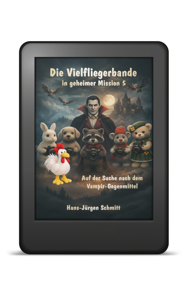 Stofftiercharaktere in einem E-Book auf Vampir Suche
