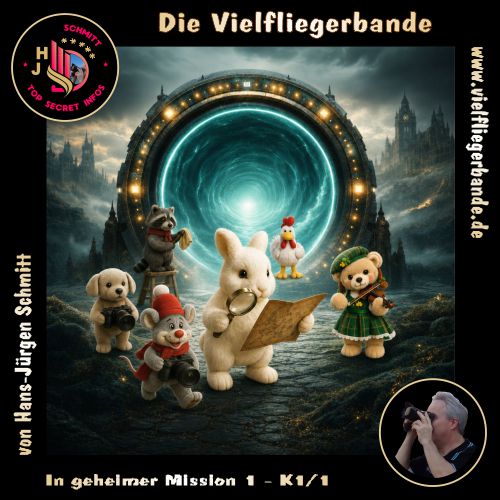 Teddybären und Tiere vor einem Zeitportal